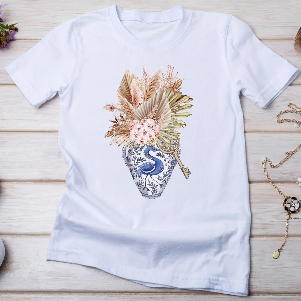 Short Sleeve Unisex Tee: Blue & White Vase Design